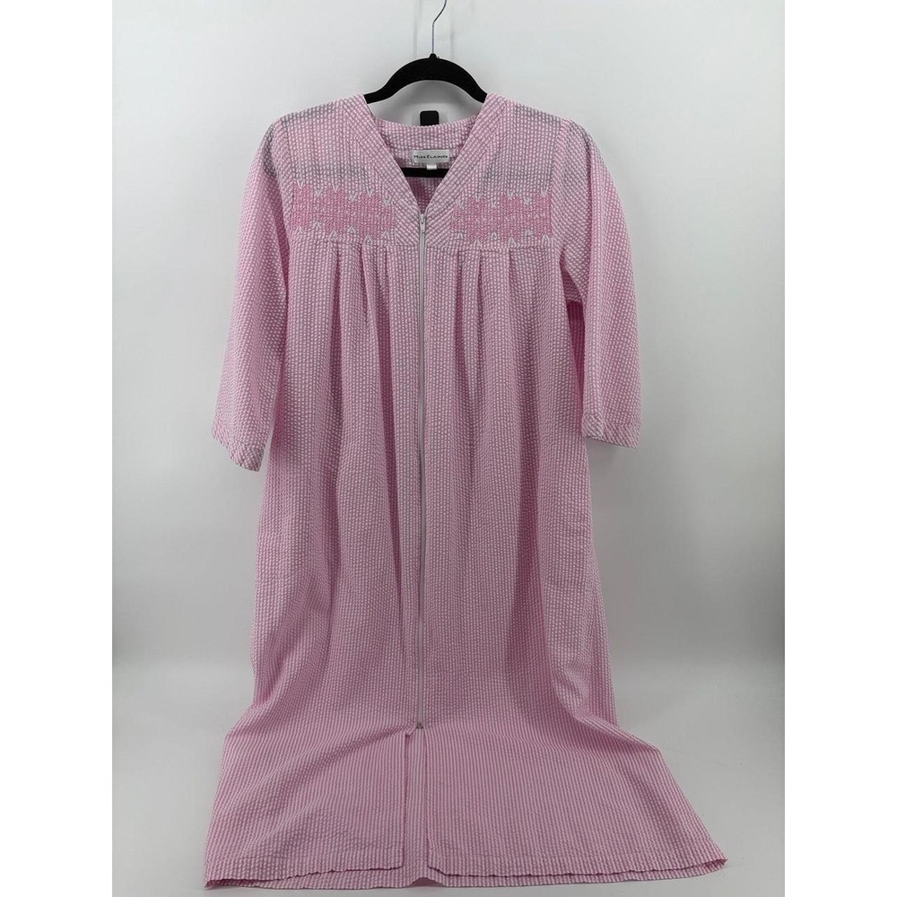 Miss Elaine Essentials Pink Seersucker‎ Zip Front Embroidered Robe, Women Medium